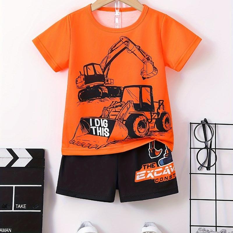 2-Piece Boys Casual Summer Outfit Set, Monster Truck Print Versatile Short Sleeve Tee & Shorts Set