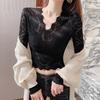 V-neck Lace Undershirt Women's Long Sleeved Low Neck Chiffon Jacket Black Short Mesh Top