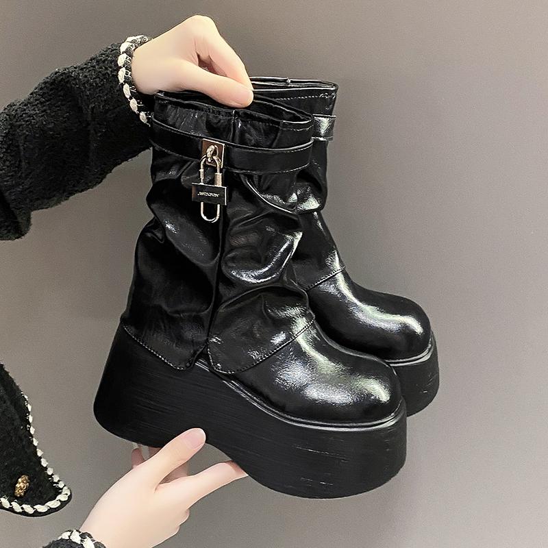 Fashion 10CM Women Chunky Ankle Boots Winter Height Increasing Warm Fur Snow Boots Lace Up Belt Buckle Sneakers Leather Motorcycle Boots