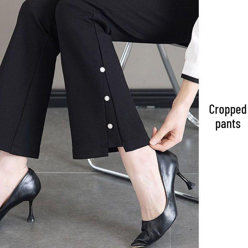 

Women s High-Waist Micro-Flared Wide-Leg Pants - Elastic Casual Black, Suitable for Petite Sizes, Summer Nine-Point Length L (101-120 cm)