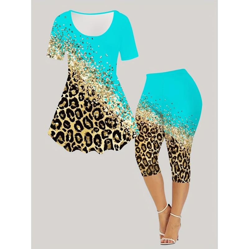 Women s Fashion Geometric Print Short Sleeve Cropped Pants Suit 2XL