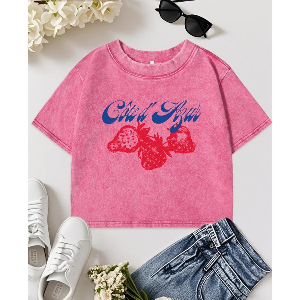 Creative Art Letter Strawberry Fruit Print Washed T Shirt Women Cotton Y2K T-Shirt Slim Crewneck Clothes Comfortable Top