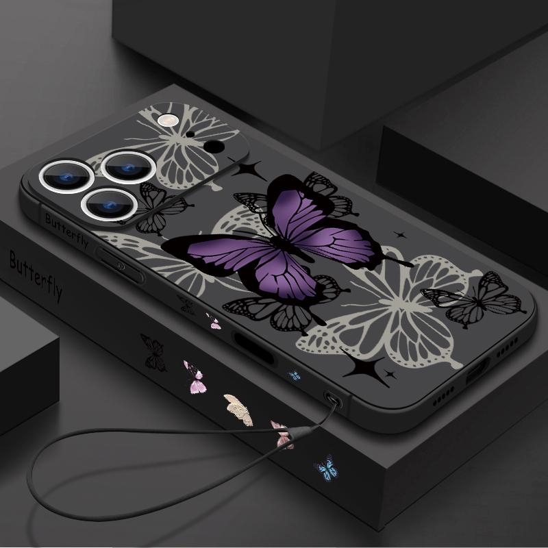 Wrist Strap Lanyard TPU Phone Case For iPhone 17 16 15 Pro Max 13 14 Pro Max 17e 16e 11 Purple Butterfly Soft Silicone Cover