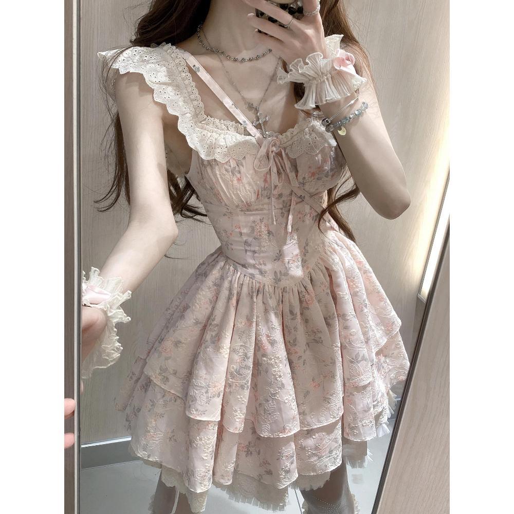 French sweet floral small flying sleeve dress summer new waist thin thousand gold wind splicing tutu skirt short skirt