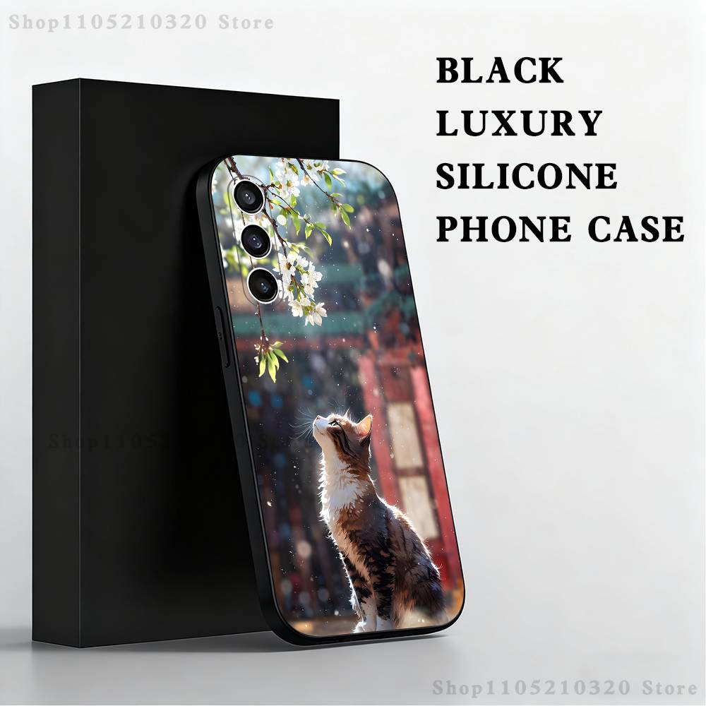 Artistic drawing cat Phone Case For Samsung S 25,24,23,22,30,21,10,9,Ultra,Plus,Lite,FE,4,5 G Black Soft Case