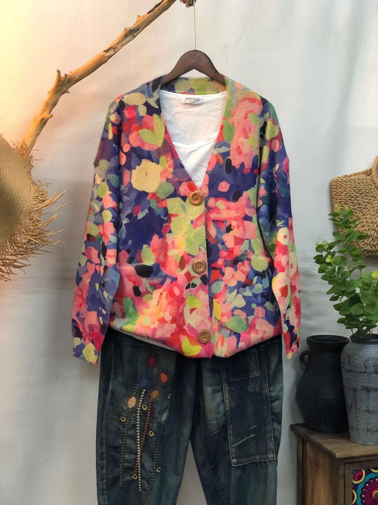 Factory new autumn and winter cute printed imitation mink velvet jacket women's Korean version loose lazy sweater