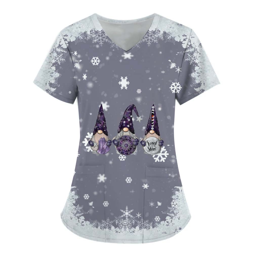 Womens Christmas Nurse Uniforms Print Short Sleeve V Neck Workwear With Pocket Working Nurse Work Wear Overalls Medical Uniforms