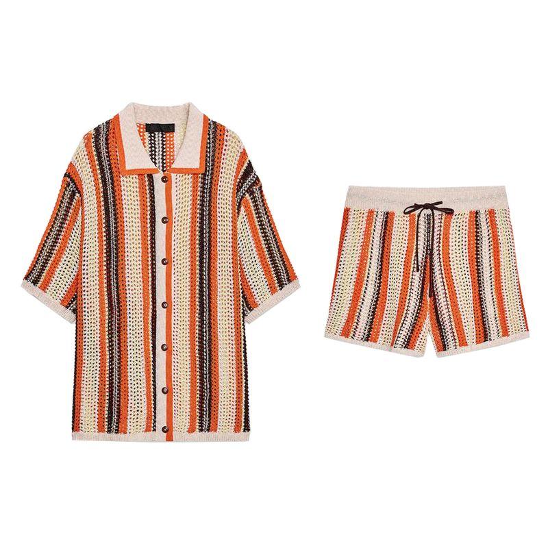 Minimalist Style Knitting Polo Shirt Collar Short Sleeve Jacket 3920260 Knitting High Waist Casual Shorts 3920261