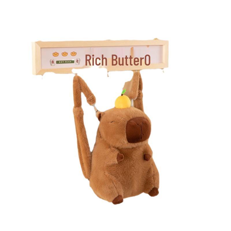 Capybara Cartoon Orange Plush Backpack: Women's Large Fuzzy Double Shoulder Bag