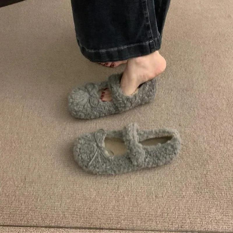 Fashion Elegant Autumn Winter Ballet Loafer Flat Shoes Women Female  Flats Loafers Fur Round Toe Ladies Brand Design Teddy Outdoor Shoes