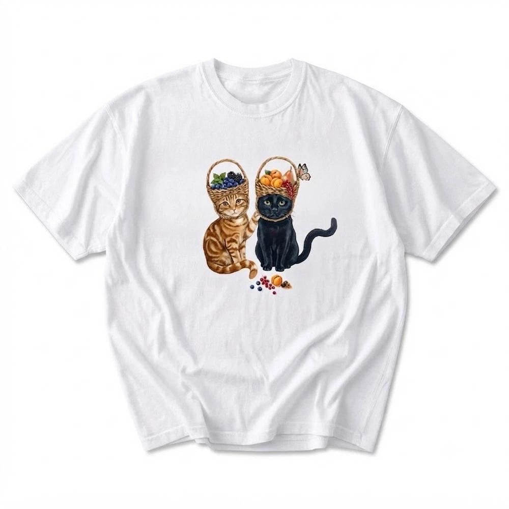 Two Cats With Fruit Baskets Cottagecore Style White TShirt S