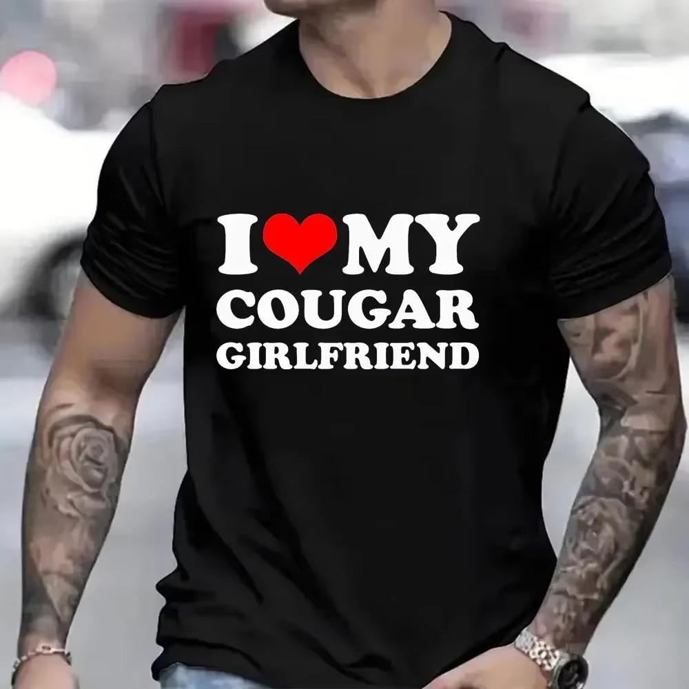 

2024 Летняя мужская футболка I Love My Cougar Girlfriend Tees Короткие рукава Модная футболка большого размера Смешная одежда Повседневные топы Harajuku XXXXXL чёрный