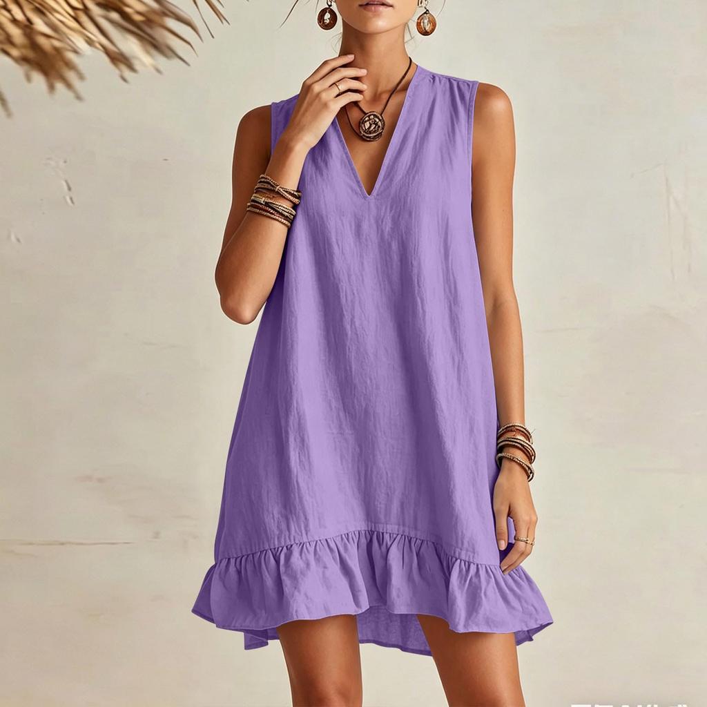 Damen V-Ausschnitt Ärmellos Rüschensaum Locker Sitzendes Kleid mit Taschen Sommerlich Lässig Leicht Einfarbiges Tunika-Kleid für den täglichen Gebrauch