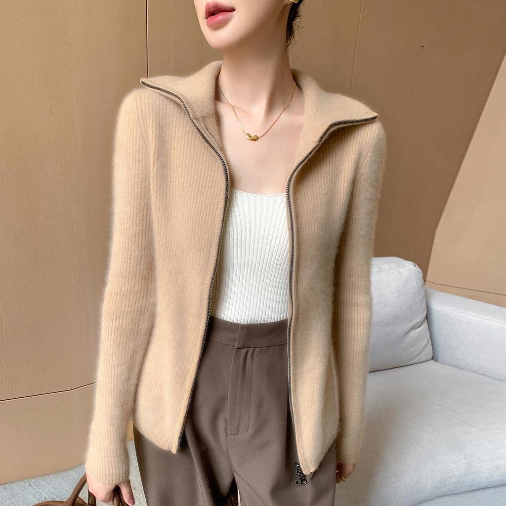 25 Premium Women's Baby Cashmere Cardigan, Double-Zipper Lapel Ribbed Sweater, Loose Wool Coat for Autumn/Winter.
