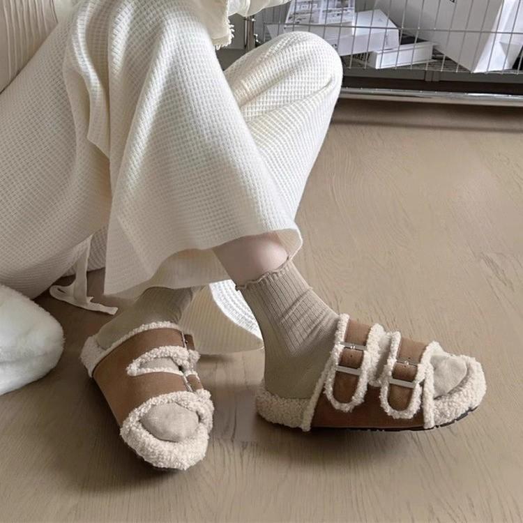 Fashion Women's Fashion Flat Woolen Shoes Autumn New Round Head Open Toe Belt Buckle Thick Bottom One Word with Cashmere Cotton Slippers