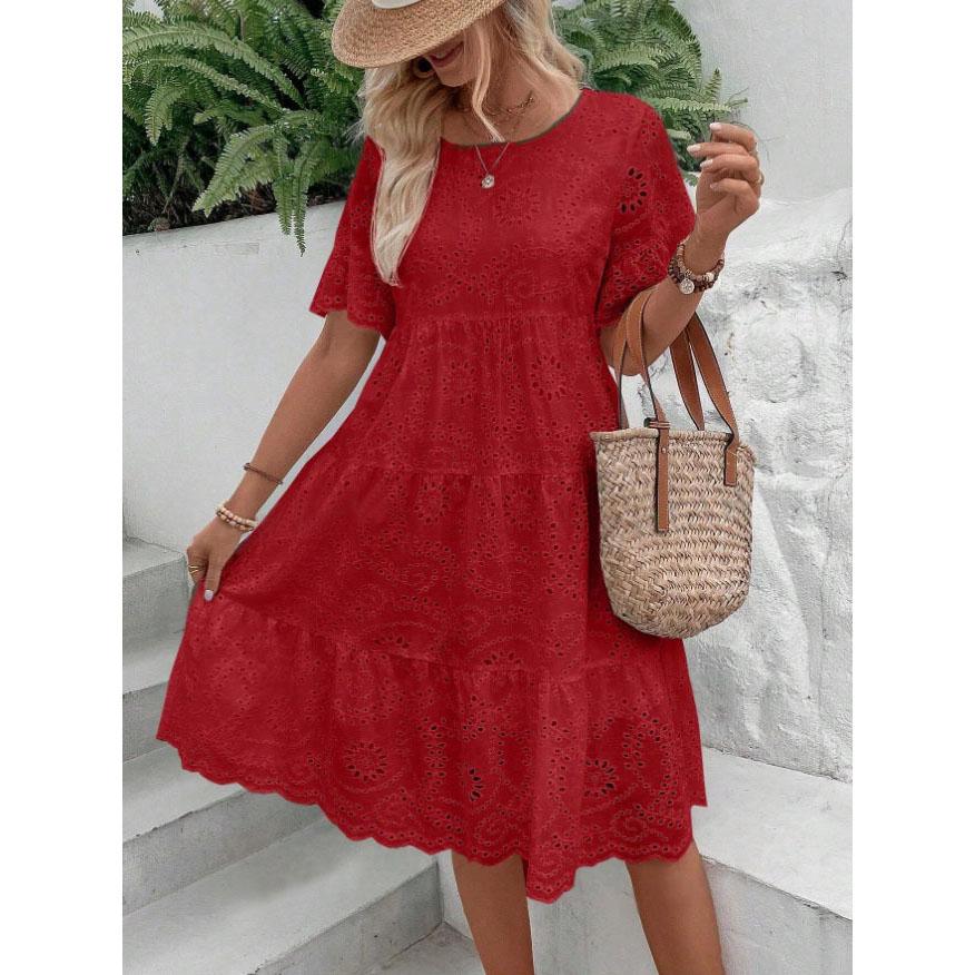 Vestido de Verão Feminino Vazado Plissado A-line Gola O Manga Curta Trompeta Vestido Midi Patchwork Cor Sólida Grande Roda Vestido de Senhora