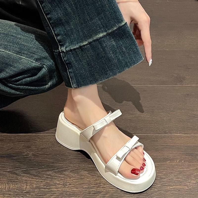 Fairy style with skirt women's wedge heels slippers summer French heightening bow open-toed thick bottom one-word cool slippers