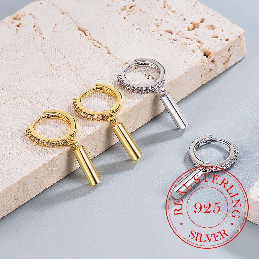 Women Earrings Original 925 Sterling Silver Pave CZ Round Stick Huggie Hoop Earrings Engagement Wedding Party Jewelry