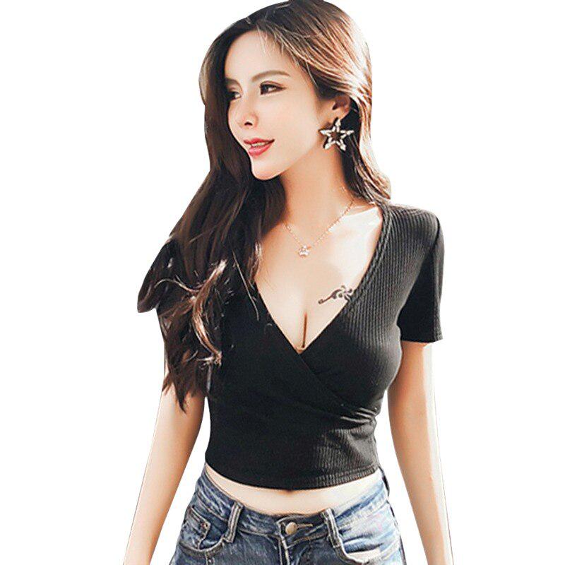 

Летняя женская повседневная футболка топ модный кроп-топ сексуальный V-образный вырез короткий рукав однотонная футболка One Size