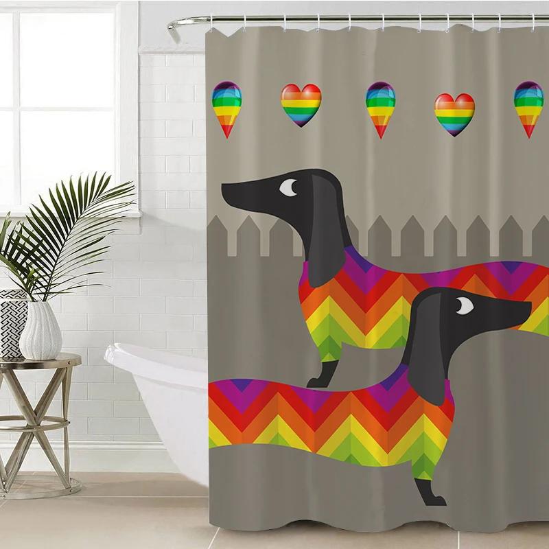 Dachshund Cartoon Dog Shower Curtain Polyester Waterproof Curtain Geometric Striped Kids Bath Curtain Home Decor with 12 Hooks