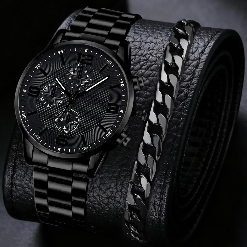 2/4PCS Men's Watch Set Business Trend Fashion Classic Three Eye Quartz Watch Bracelet Necklace Ring Set Perfect Gift