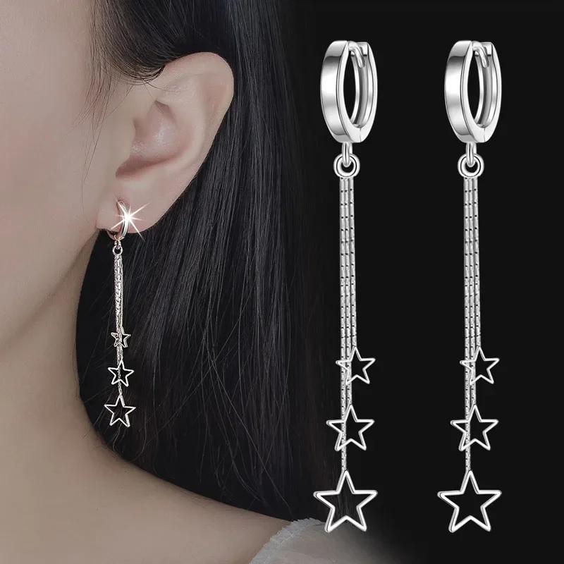 Silver Earrings Long Three Star Earrings Ladies Fashion Simple Birthday Party Wedding Anniversary Jewelry Gift