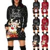 Modisches, lässiges Damen-Pullover-Kleid mit Weihnachtsmotiv, langärmelig und mit Kapuze
