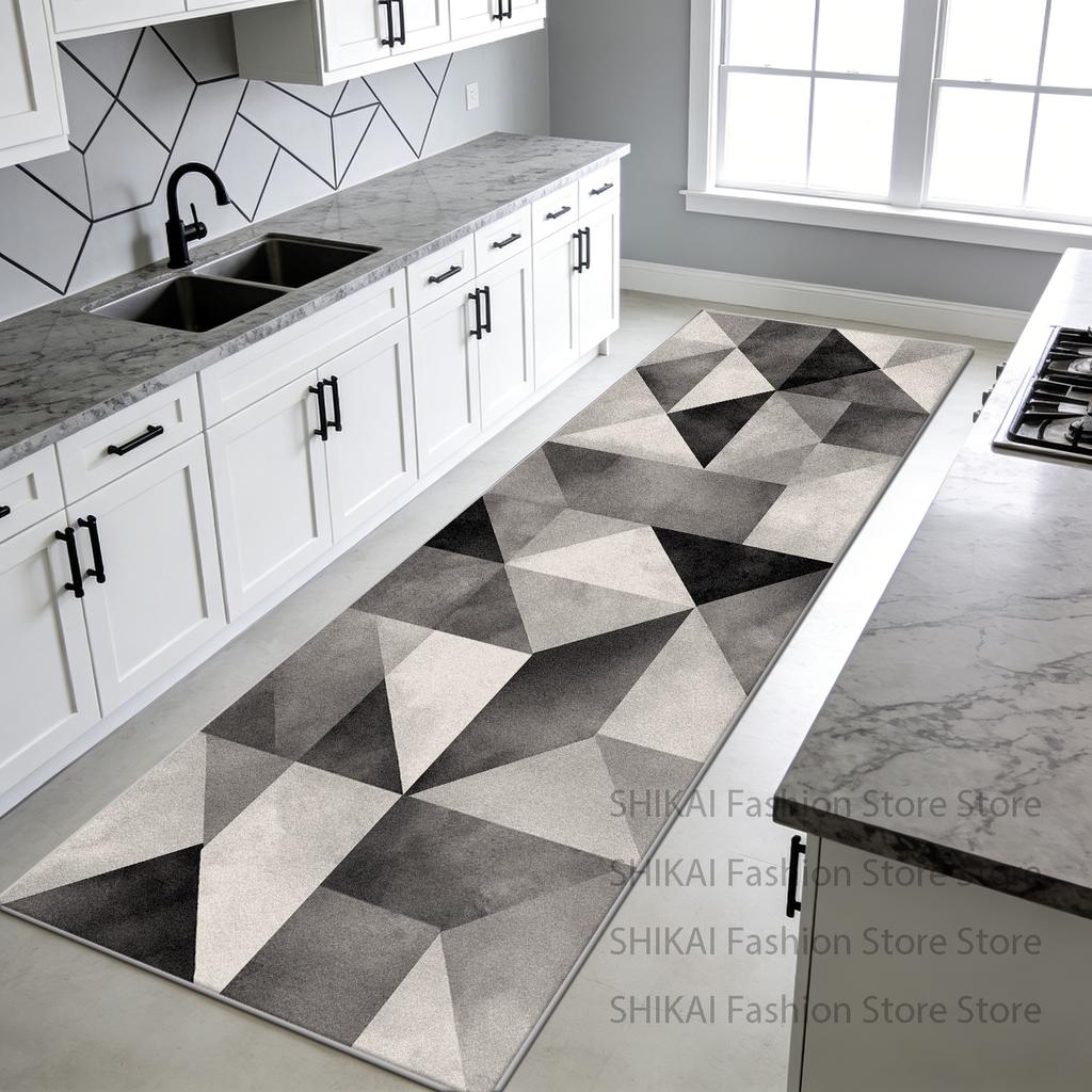 Black White Geometry Easy Clean Kitchen Long Carpet Decoration Bedside Antiskid Soft Rug Foldable Lint-free Doorway Floor Mats