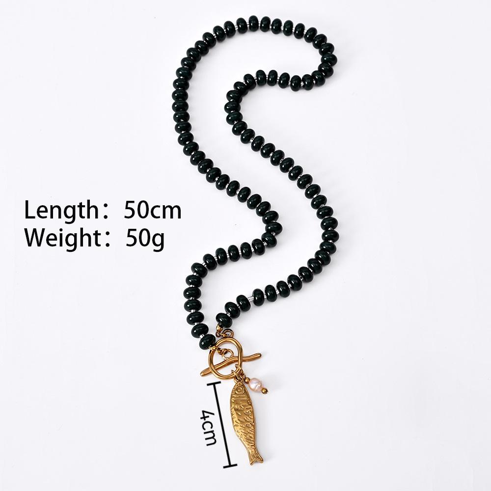 

Stainless steel jewelry, handmade glass bead bead necklace, vintage light luxury natural pearl pendant OT buckle collarbone chain