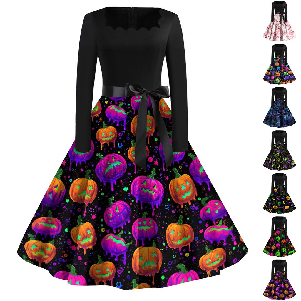 Women's Casual Vintage Halloween Print Square Neck Long Sleeve Dress Retro Fit Flared Skirt Midi Length with Waist Tie Belt