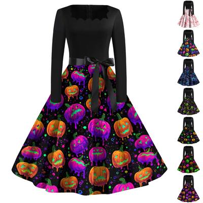 Women's Casual Vintage Halloween Print Square Neck Long Sleeve Dress Retro Fit Flared Skirt Midi Length with Waist Tie Belt