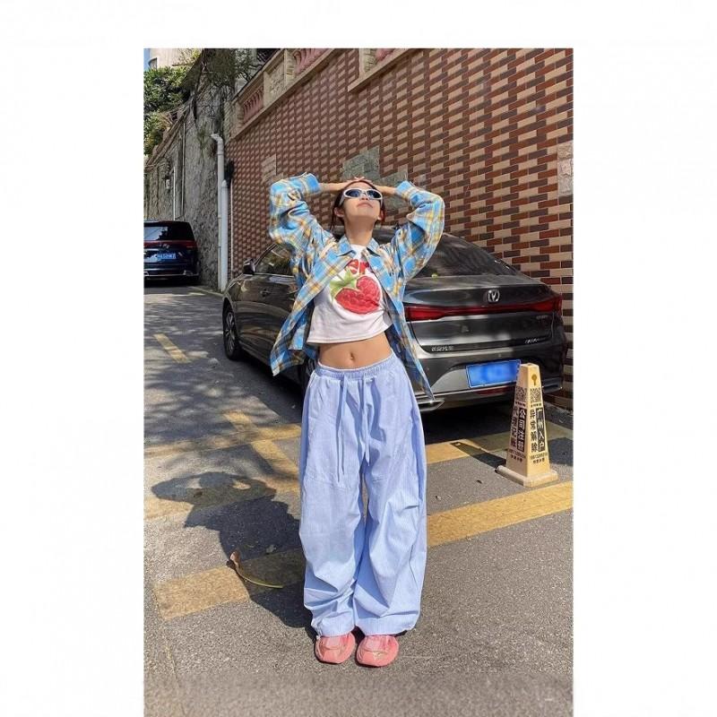 Womens High-Waisted Wide-Leg Cargo Pants With Pleats Stripes Loose Fit Casual Trousers Jazz Dance