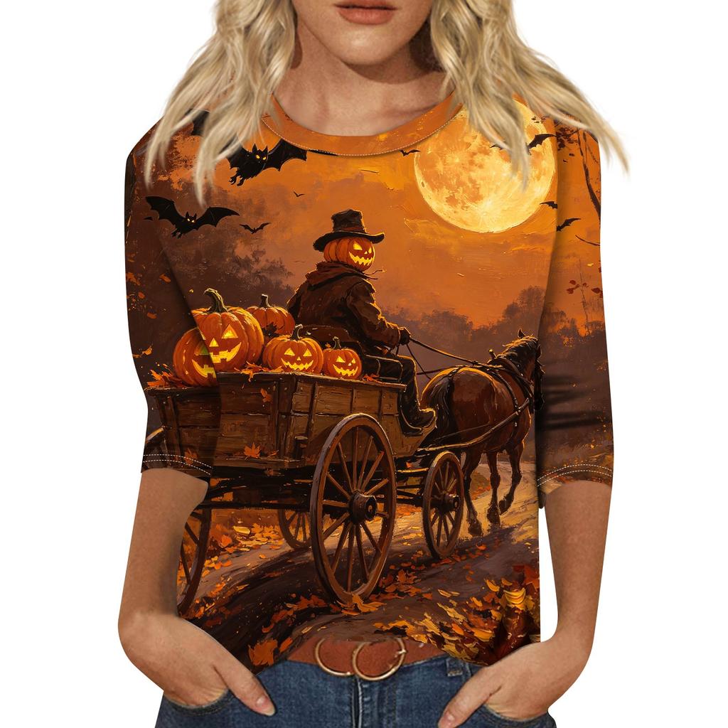Women's Halloween Print Three-Quarter Sleeve Round Neck Casual T-Shirt Top