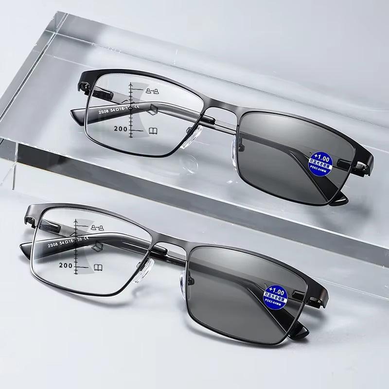Fashionable Men's Square Metal Frame Multi Focal Color Changing Reading Glasses with Anti Blue Light Refractive Index+1.0 To+4.0