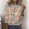 Round Neck 3D Flower Printed Top Casual Long Sleeved Women's T-shirts - Soft Medium Stretch Polyester Fabric Spring and Autumn Relaxed Fit Clothing