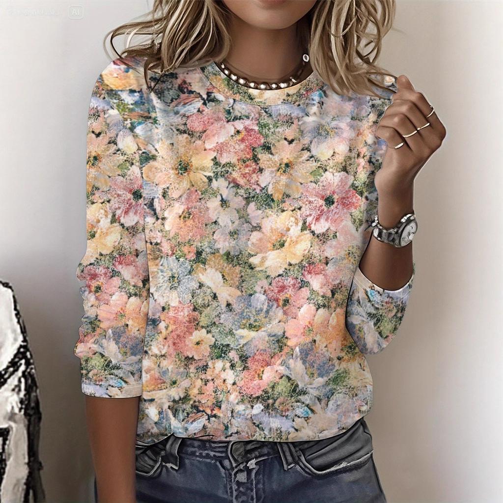 Round Neck 3D Flower Printed Top Casual Long Sleeved Women's T-shirts - Soft Medium Stretch Polyester Fabric Spring and Autumn Relaxed Fit Clothing