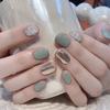 28Pcs/Box French Short Fake Nails With Jelly Glue Green Silver Wearable False Nail Artificial Removable Press On Nails Art