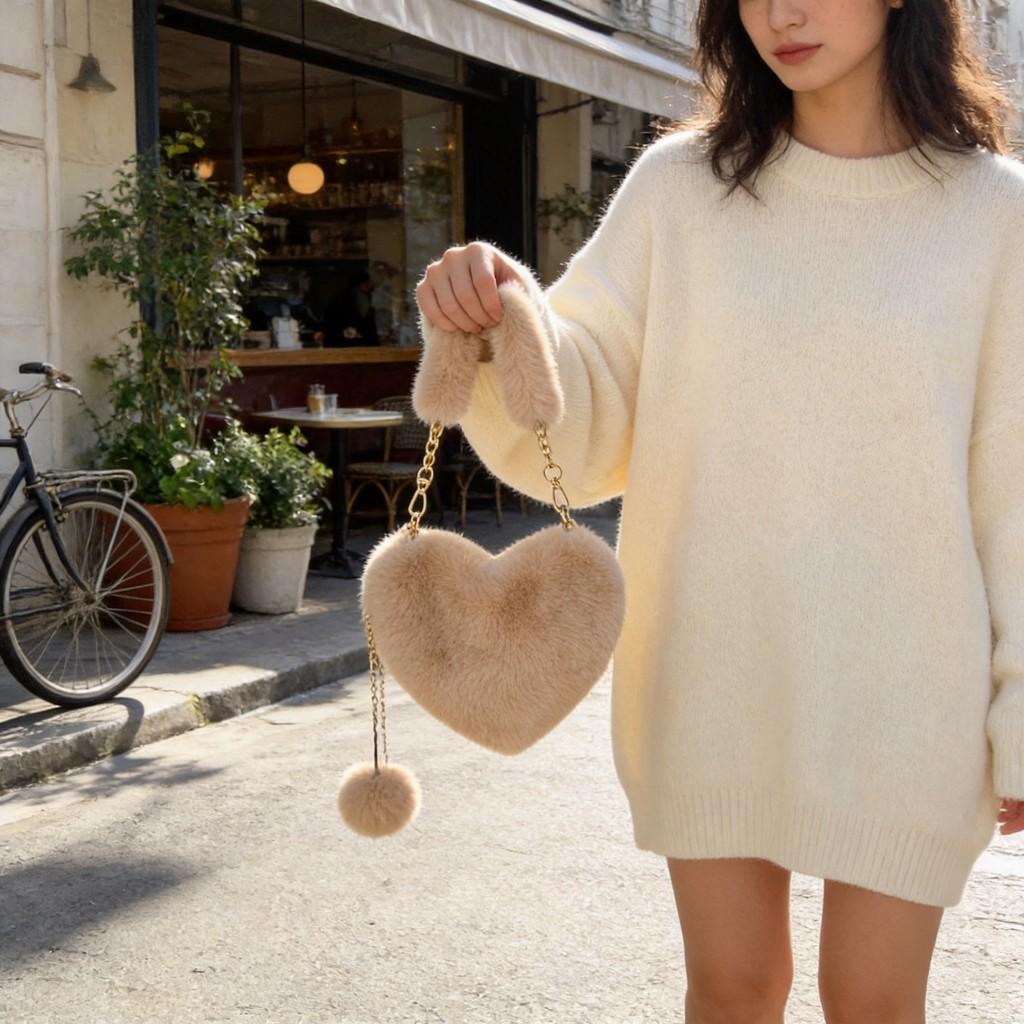 Plush Heartshaped Handbag For Women With Chain Strap And Large Capacity For Daily Use