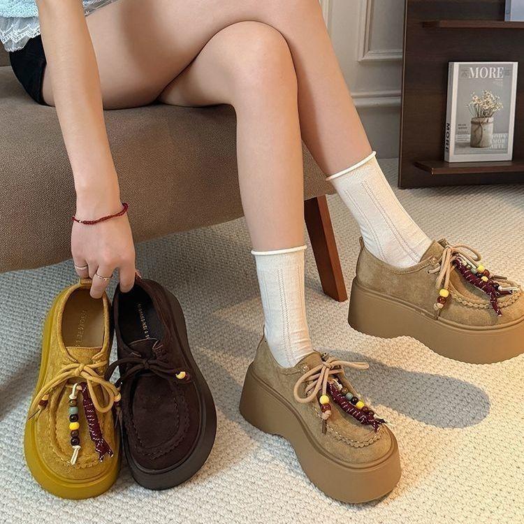 Wasteland wind fringed board shoes women's new autumn retro fashion small muffin thick-soled British style single shoes