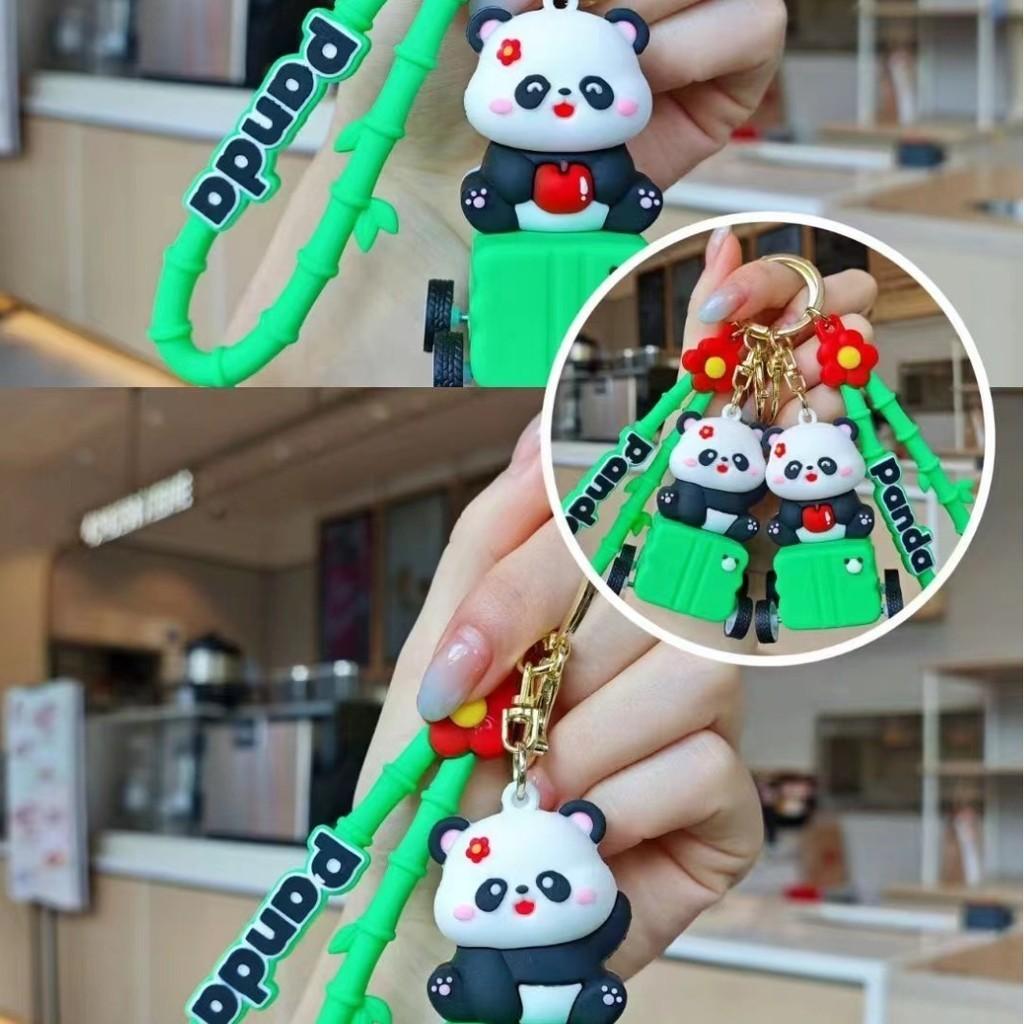 Adorable Cartoon Panda Keychain With Wind-up Car For Backpack Decoration