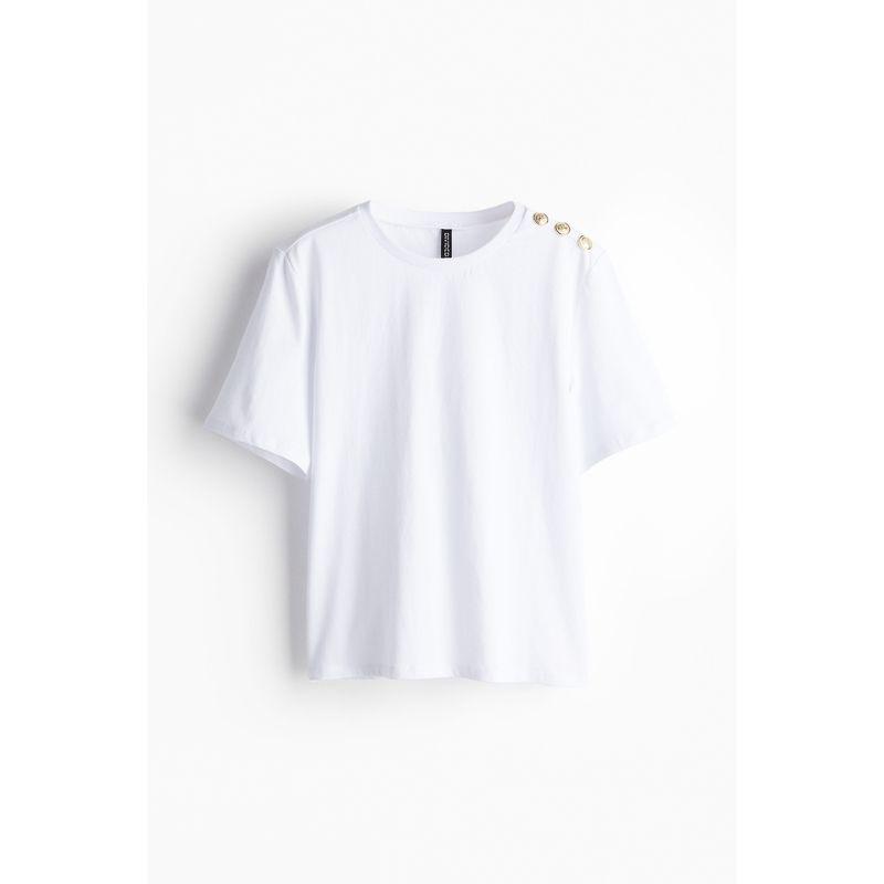 

HM Women s T-shirt Autumn Soft Short Sleeve Plaid Stylish Fastener Decoration Tops 1254672 White 155/76(XXS)