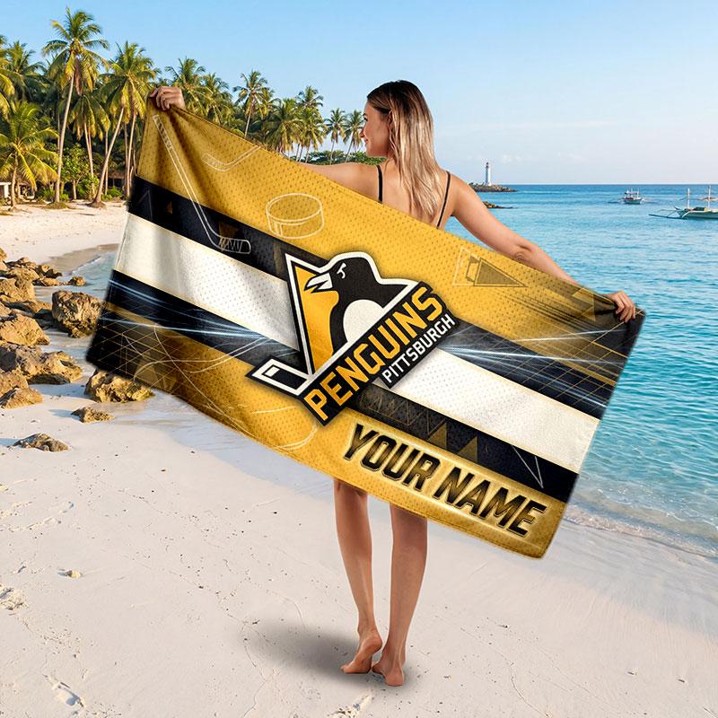 Pittsburgh Penguins Customized Name Text Beach Towel, Soft Absorbent Towel Beach Pool Travel Personal Gift