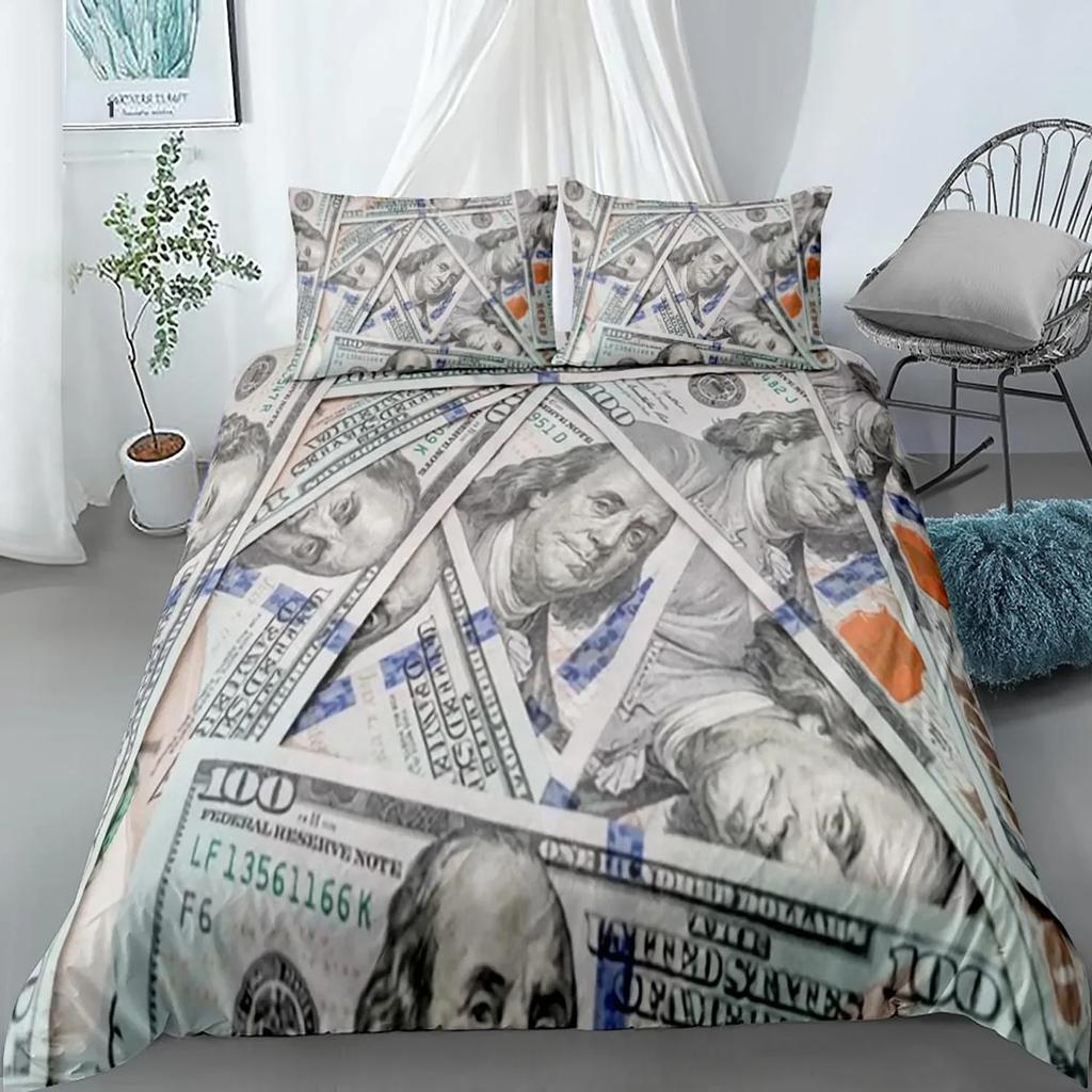 Dollar Duvet Cover Set, Art Blue Printing Money 3 Piece Bedding Set Queen/King/Full/Twin Size Quilt Cover for Boys Teens Girls