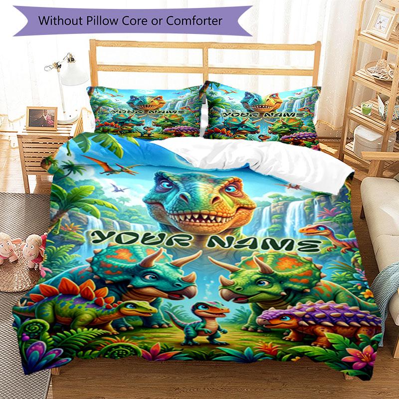 3PC Custom Name Dinosaur Adventure Jungle Bedding Set Duvet Cover Closure Includes 1 Duvet Cover & 2 Pillowcases for Bedroom