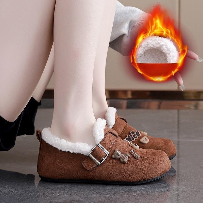 Winter Velvet Women's Cartoon Loafers Warm and Comfortable Low Cut Cotton Shoes Fashionable One Foot Flat Casual Shoes