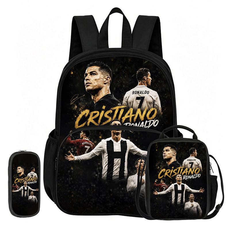 Learn, Travel Football Star School Bag Ronaldo 3 Pcs set with Front Pocket Backpack Lunch bag, Pencil Case, Sport Rucksack