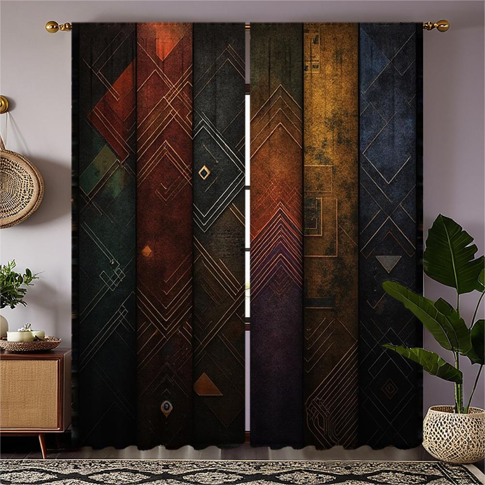 

Modern Piece Set High Definition Digital Printed Curtaindarkcolor Geometric Pattern Style Curtainshome Decoratio Curtain With Rod Pocket Polyester W100*H70(CM)-Hooks&2PCS