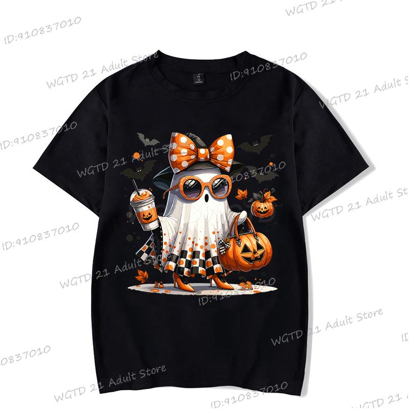 Cute Halloween Boo and Pumpkin Print Tshirt Women Men Spooky Season Short Sleeve T-shirts Halloween Ghost Harajuku Streetwear