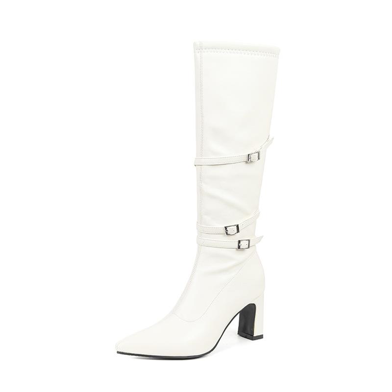 White Thick Heel High Heel Boots Women's European and American Patent Leather Thick Heel Square Head Belt Buckle Knight Boots But Knee Fashion Boots