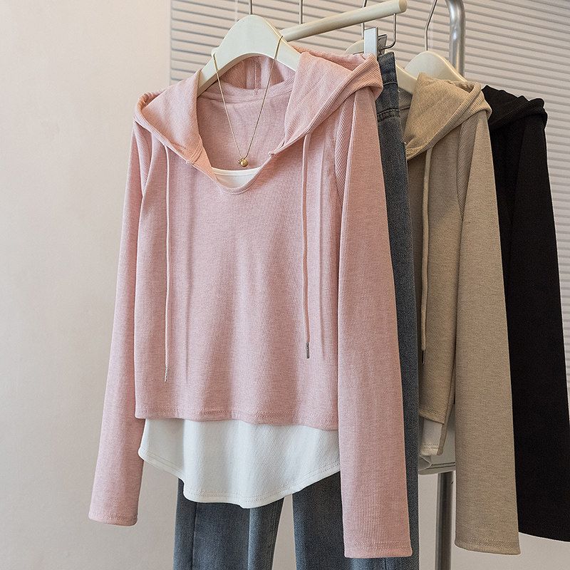 

Hooded Sweatshirt Plus Size Ladies Shoulder Asymmetrical Fake Two-Piece Pink [Korean Sweet & Spicy Niche Style] 4XL